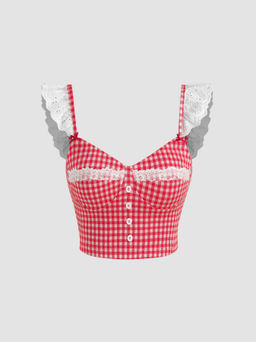 Cider - Square Neck Gingham Lace Broderie Anglaise Trim Crop Top