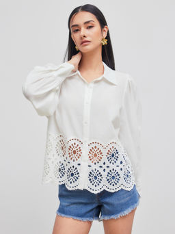 Cider - Broderie Anglaise Cotton Polo Solid Button Long Sleeve Shirt