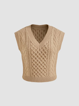 Cider - Knit V-neck Solid Plait Texture Vest