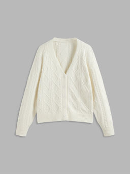 Cider - Knit V-neck Solid Rhombus Texture Button Cardigan
