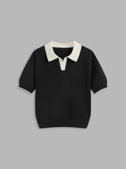 Cider - Knit Polo Contrasting Binding Short Sleeve Top