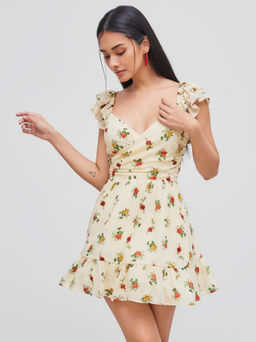 Cider - Sweetheart Neckline Floral Shirred Ruffle Mini Dress