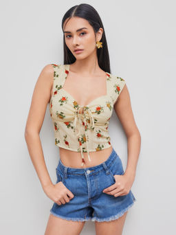 Cider - Sweetheart Neckline Floral Knotted Shirred Crop Top