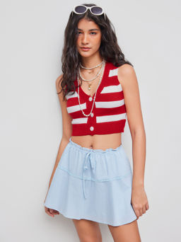 Cider - Knit V-neck Striped Button Crop Top