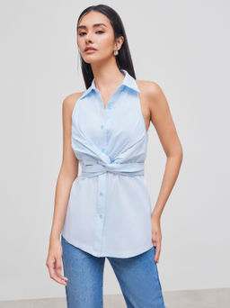 Cider - Cotton Polo Solid Twist Knotted Blouse