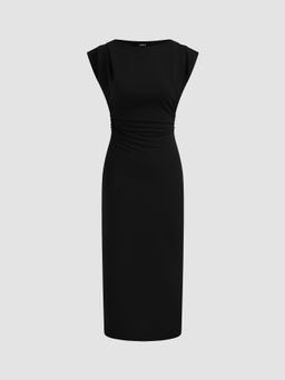 Cider - Boat Neck Solid Ruched Maxi Dress