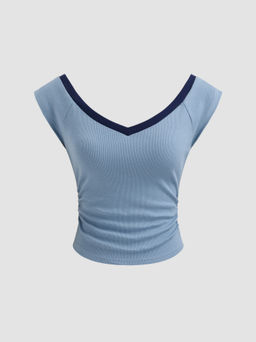 Cider - Cotton-blend V-neck Contrasting Binding Short Sleeve Tee