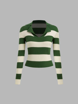 Cider - Knit Polo Striped Long Sleeve Top