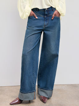 Cider - Denim Mid Rise Solid Roll Hem Straight Leg Jeans