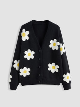 Cider - Knit V-neck Floral Oversized Cardigan
