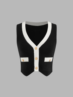 Cider - Knit V-neck Contrasting Binding Button Crop Vest