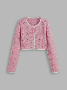 Cider - Wool-blend Round Neckline Hollow Out Heart Button Contrasting Binding Cardigan