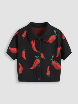 Cider - Knit Collar Pepper Button Short Sleeve Top