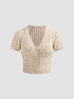 Cider - Knit V-neck Solid Texture Crop Short Sleeve Top
