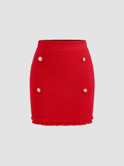 Cider - Knit Mid Rise Solid Button Raw Hem Mini Skirt