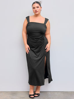 Cider - Square Neckline Ruched Split Bowknot Maxi Dress Curve & Plus