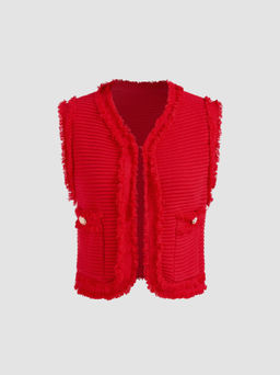 Cider - Knit V-neck Solid Raw Hem Texture Crop Vest