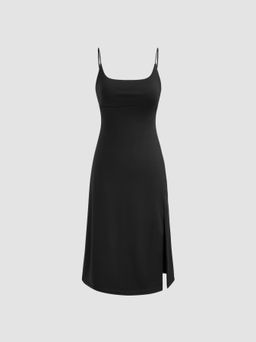 Cider - Square Neck Solid Ruched Split Lace Up Midi Dress