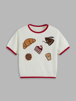 Cider - Knit Round Neckline Contrasting Binding Food Graphic Crop Top