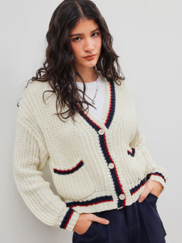 Cider - Knit V-neck Solid Button Pocket Contrasting Binding Cardigan