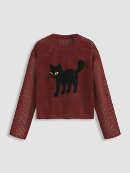 Cider - Knit Round Neckline Cat Graphic Hollow Out See-through Oversized Top