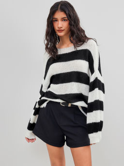 Cider - Knit Boat Neckline Striped Long Sleeve Top