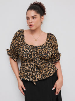 Cider - Square Neck Leopard Knotted Puff Sleeve Crop Blouse Curve & Plus