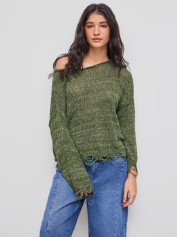 Cider - Knit Round Neckline Solid Ripped Long Sleeve Top