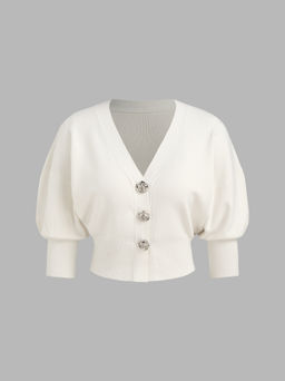Cider - Knit V-neck Solid Rose Button Middle Sleeve Top
