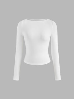 Cider - Cotton-blend Boat Neck Solid Long Sleeve Tee