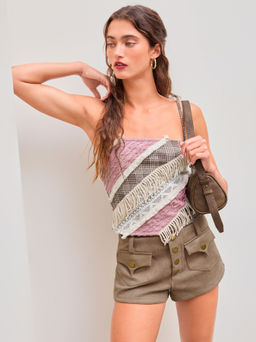Cider - Square Neck Check Colorblock Lettuce Trim Fringe Cami Top