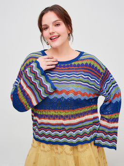 Cider - Knitted Round Neckline Striped Hollow Out Long Sleeve Top Curve & Plus