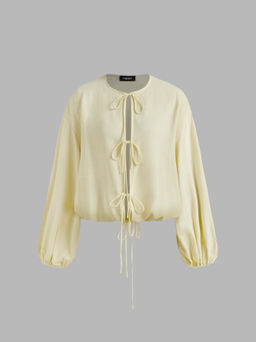 Cider - Linen-blend Round Neckline Solid Drawstring Tie Front Bow Long Sleeve Blouse