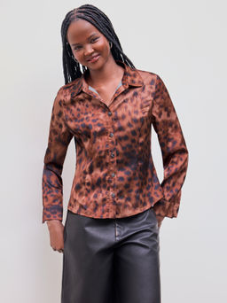 Cider - Satin Collar Leopard Long Sleeve Shirt