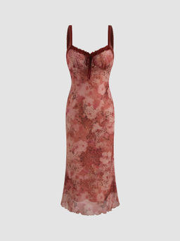 Cider - Mesh Sweetheart Neckline Floral Lace Trim Knotted Midi Dress