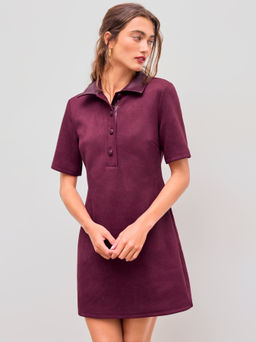 Cider - Suede Polo Collar Solid Button Mini Dress