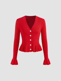 Cider - Knit V-neck Solid Button Ruffle Hem Long Sleeve Top