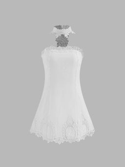 Cider - Cotton Halter Neckline Solid Embroidery Trim Mini Dress With Solid Shorts