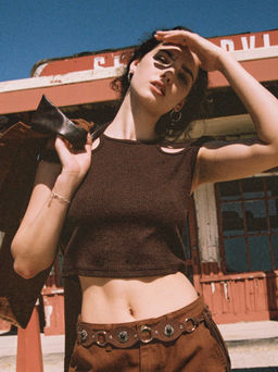 Cider - Round Neckline Solid Cut Out Belted Crop Tank Top