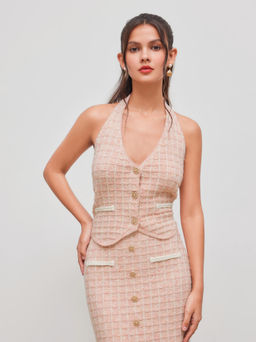 Cider - Knit Halter Neckline Check Button Crop Top