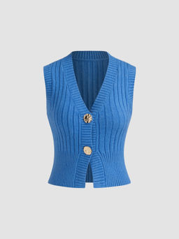 Cider - Knit V-neck Solid Button Vest