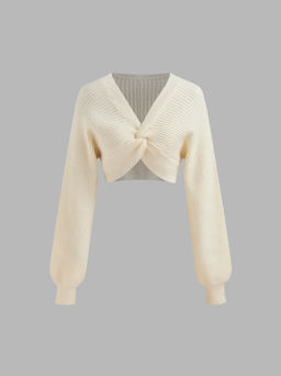 Cider - Knit V-neck Solid Twist Crop Sweater