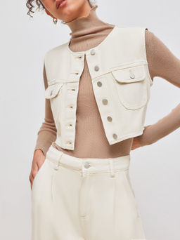 Cider - Denim Round Neckline Solid Button Crop Vest