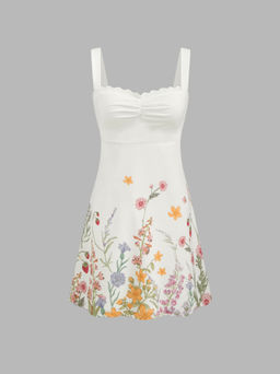 Cider - Linen-blend Square Neck Floral Mini Dress