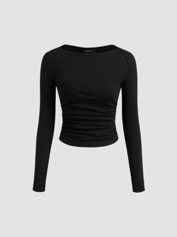 Cider - Cotton-blend Boat Neck Solid Ruched Long Sleeve Tee