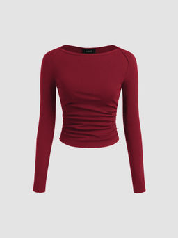 Cider - Cotton-blend Boat Neck Solid Ruched Long Sleeve Tee