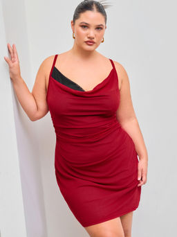 Cider - Mesh Cowl Neck Ruched Mini Dress Curve & Plus