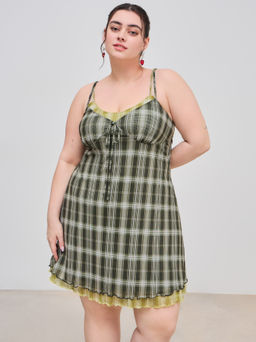 Cider - Mesh V-neck Gingham Knotted Lettuce Trim Contrasting Binding Mini Dress Curve & Plus