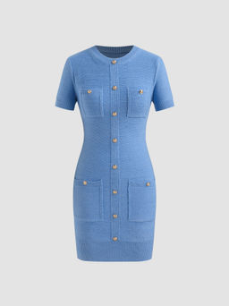 Cider - Knit Round Neckline Solid Button Pocket Mini Dress