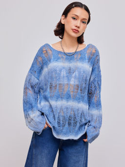 Cider - Wool-blend Boat Neck Gradient See-through Knit Oversized Long Sleeve Top